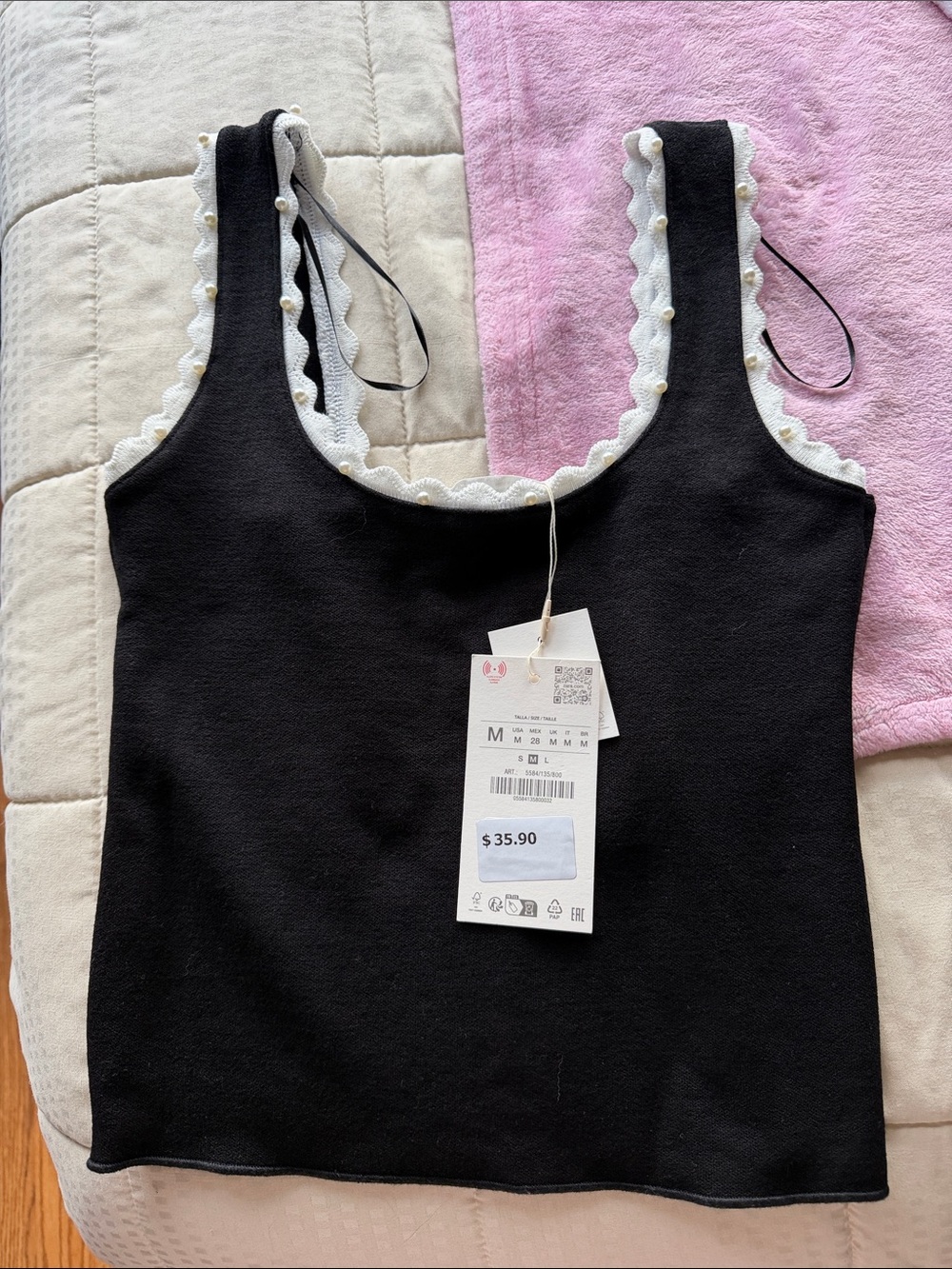 Zara Black Tank Top with White Scalloped Trim and Pearl Accents